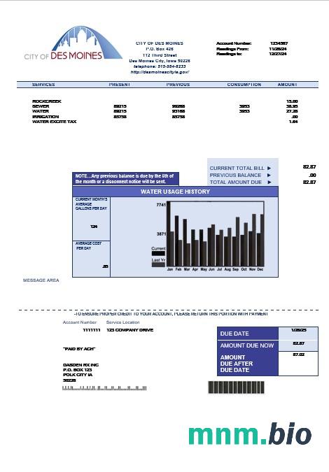 USA Iowa City of Des Moines water rachunek za usługi komunalne szablon w formacie Word i PDF